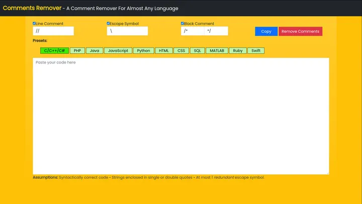 Interface of the Comments Remover tool