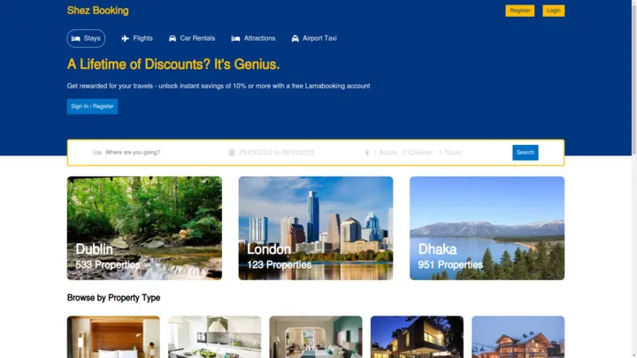 Search and results view of the Shez Booking front end